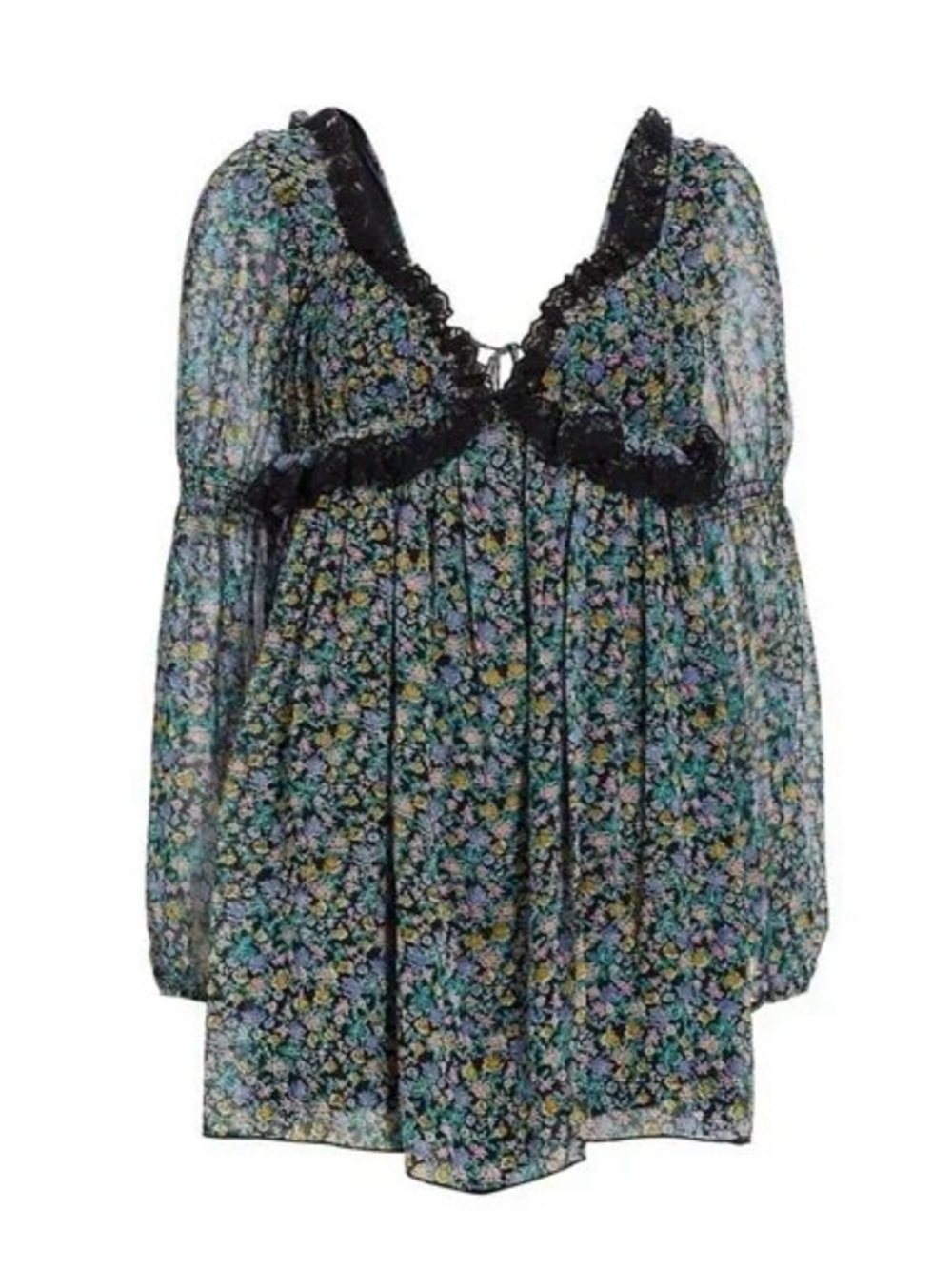Free People ‘Pennie’ Mini Babydoll Dress in Black “Babe Floral” Print” Size XS